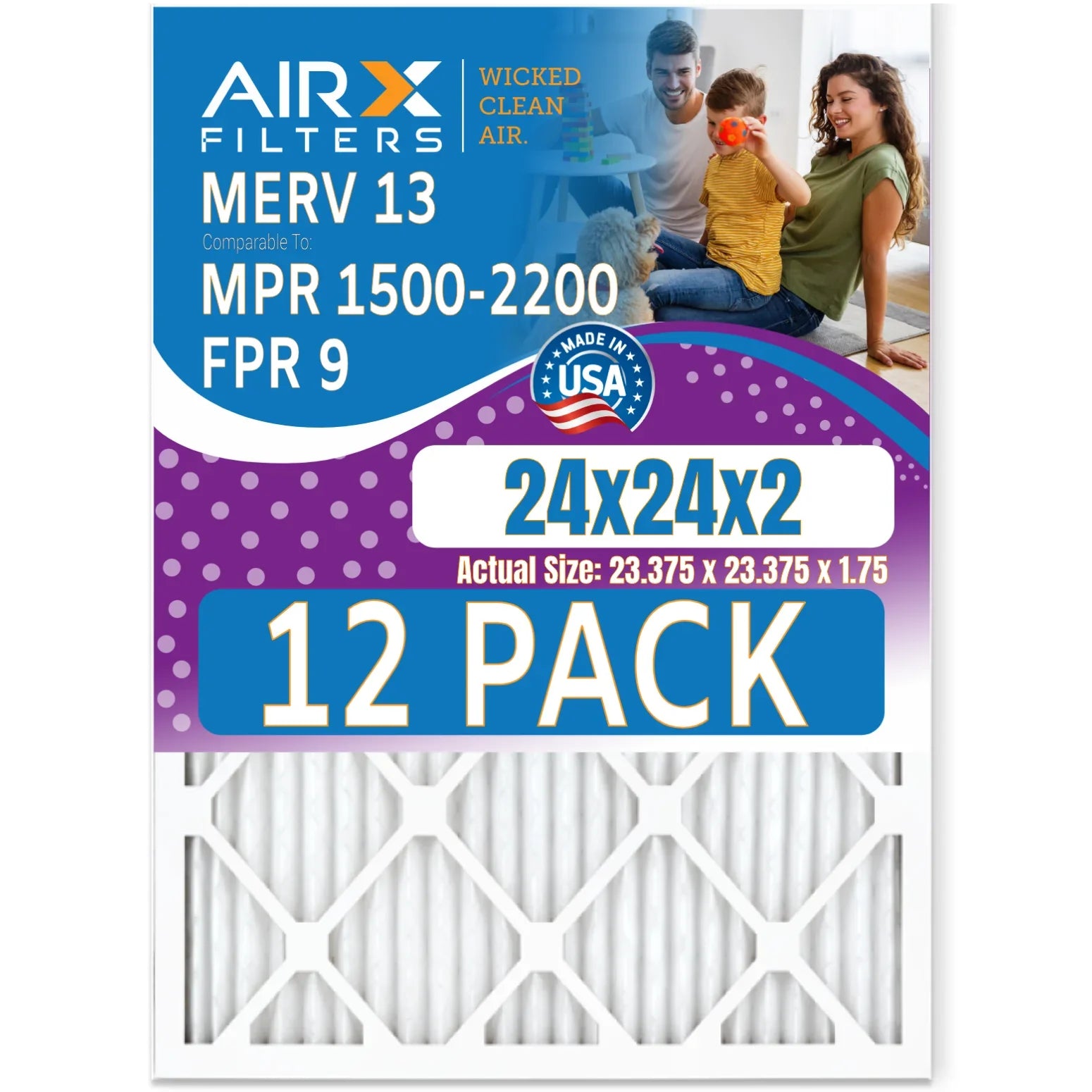24x24x2 Air Filter MERV 13 Rating, 12 Pack of Furnace Filters Comparable to MPR 1500 - 2200 & FPR 9 - Made in USA by AIRX FILTERS WICKED CLEAN AIR.
