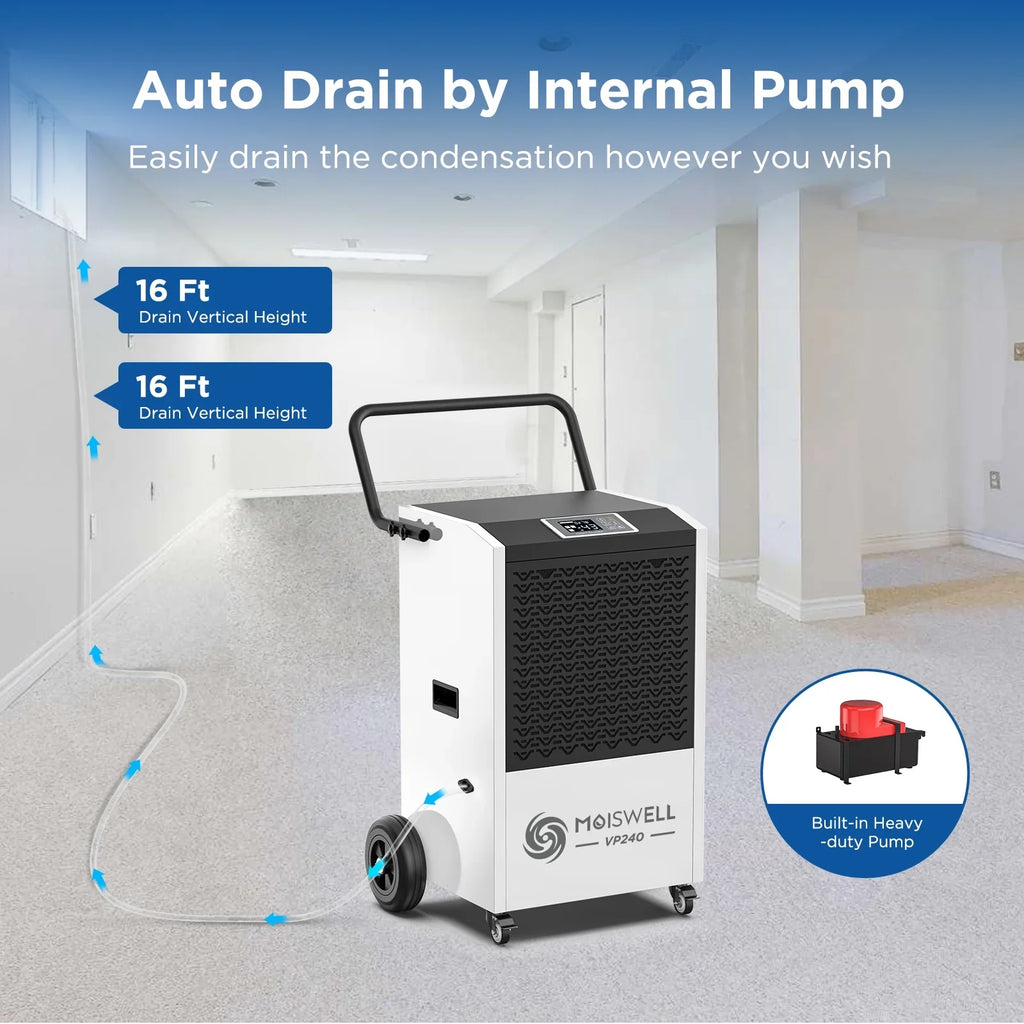 Moiswell 240 Pints Commercial Dehumidifier with Pump and Drain Hose - Perfect for Industrial Site, Basements, Water Damage Unit for Large Spaces up to 8,500 Sq Ft - Auto Defrost, Memory Starting