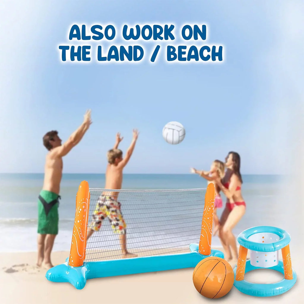 Blossom Pool Basketball Hoop and Pool Volleyball Set with Pool Net, Weight Bags - 2-in-1 Inflatable Floating Swimming Pool Games for Family | Light Blue