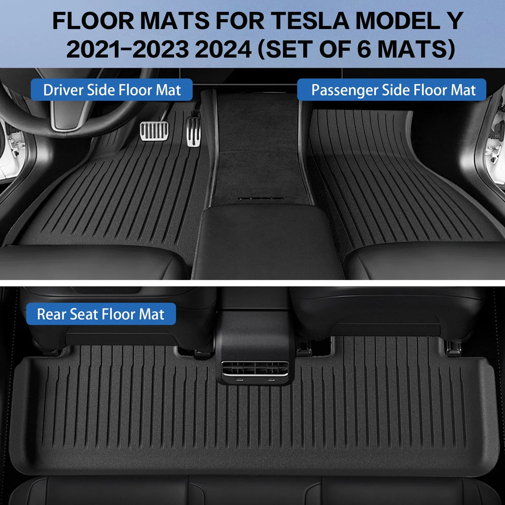 WEIZE Floor Mats Set for Tesla Model Y 2021-2023 2024, All Climate TPE Waterproof Anti-Slip Front & Rear Trunk Mats Cargo Liners Accessories, Custom Fit for Tesla 5-Seater, Set of 6 Mats