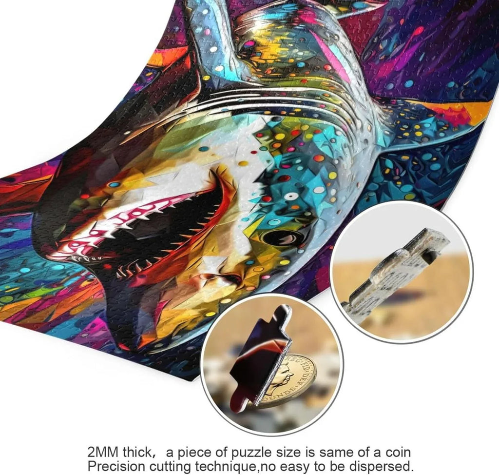 500 PCS Painting of Shark Jigsaw Puzzle, Paper Wood Composite Material Zigsaw with Storage Bag, Puzzle for Adults, Fun Challenging Brain Exercise Family Game Gift for Kids Friends Parents