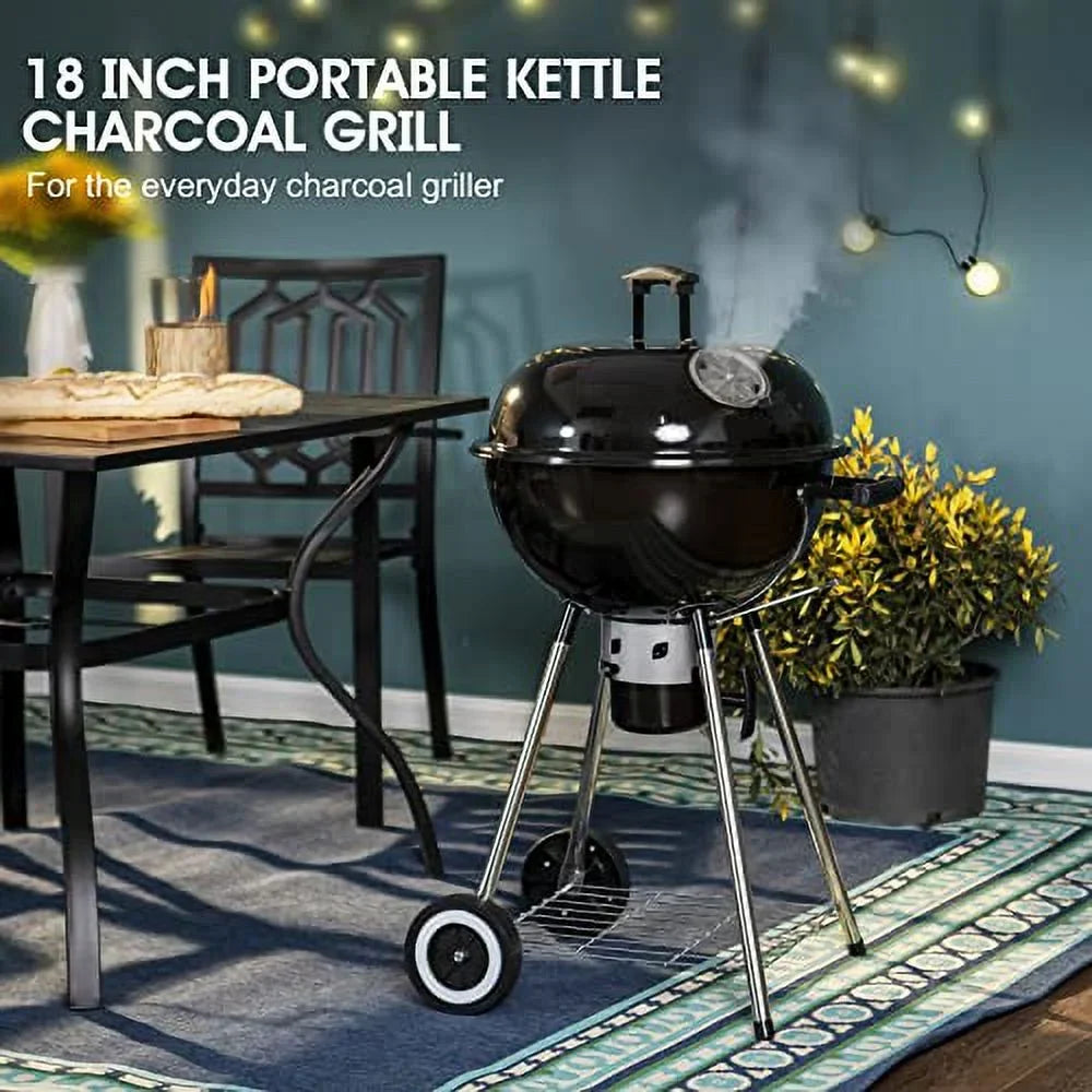 Sophia & William 18-inch Kettle Charcoal BBQ Grill with Porcelain-Enameled Lid and Bowl, Chromeplated Grate, Ash Catcher for Outdoor Picnic BBQ Patio Camping, Black