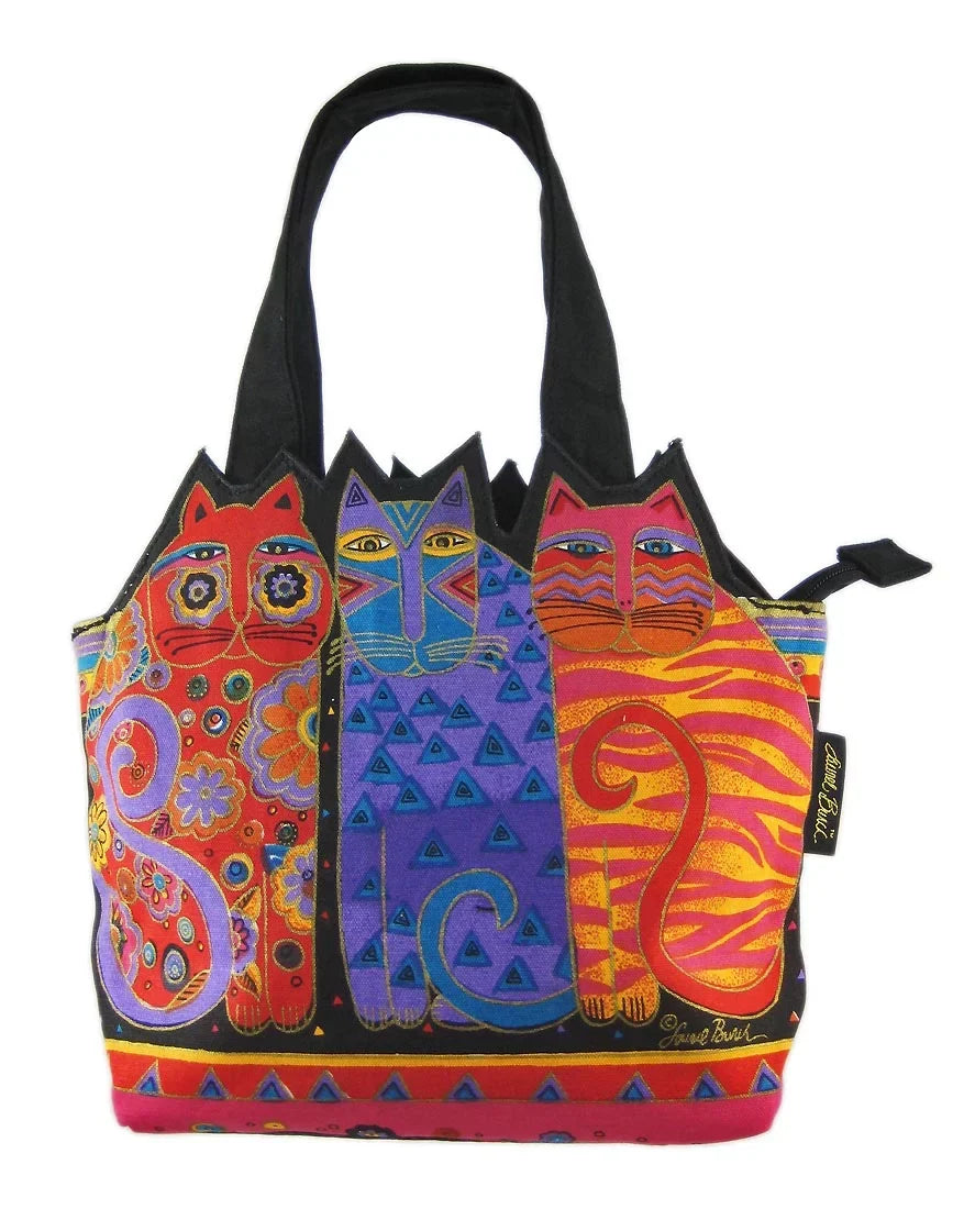 Laurel Burch Medium Tote Zipper Top 12"X3.5"X8.5"-Tres Gatos - Red, Orange & Blue