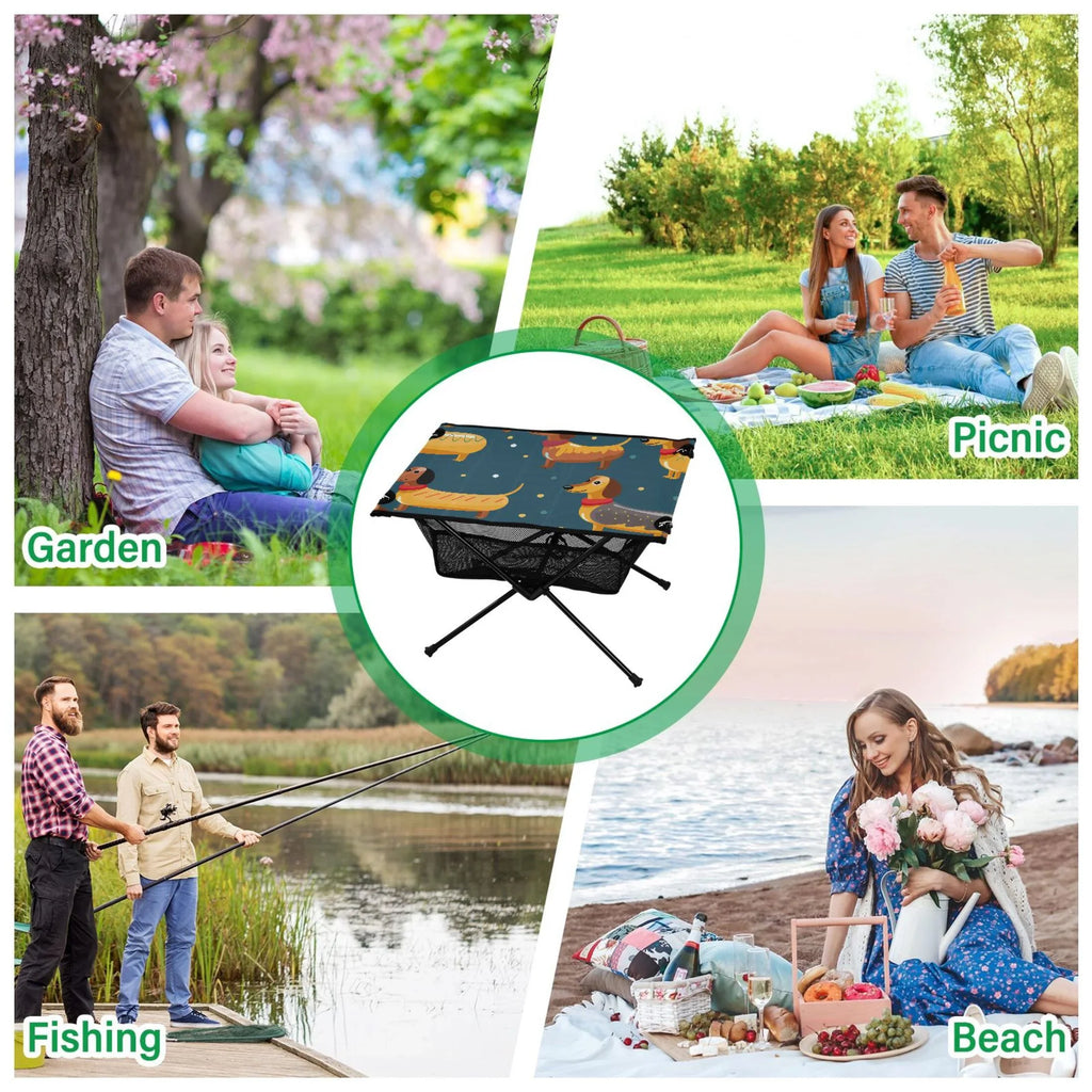 Cartoon Dachshund Dogs Camping Folding Table Portable Beach Table with Storage Bag Compact Picnic Table for Outdoor Travel Fishing BBQ