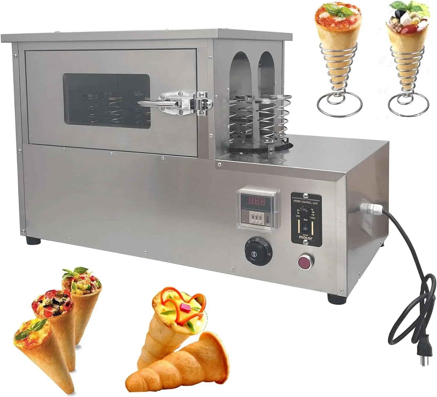 EQCOTWEA Commercial Rotational Pizza Oven Toaster with 12pcs Pizza Cone Bases for Margherita Pie Pizza Stainless Steel
