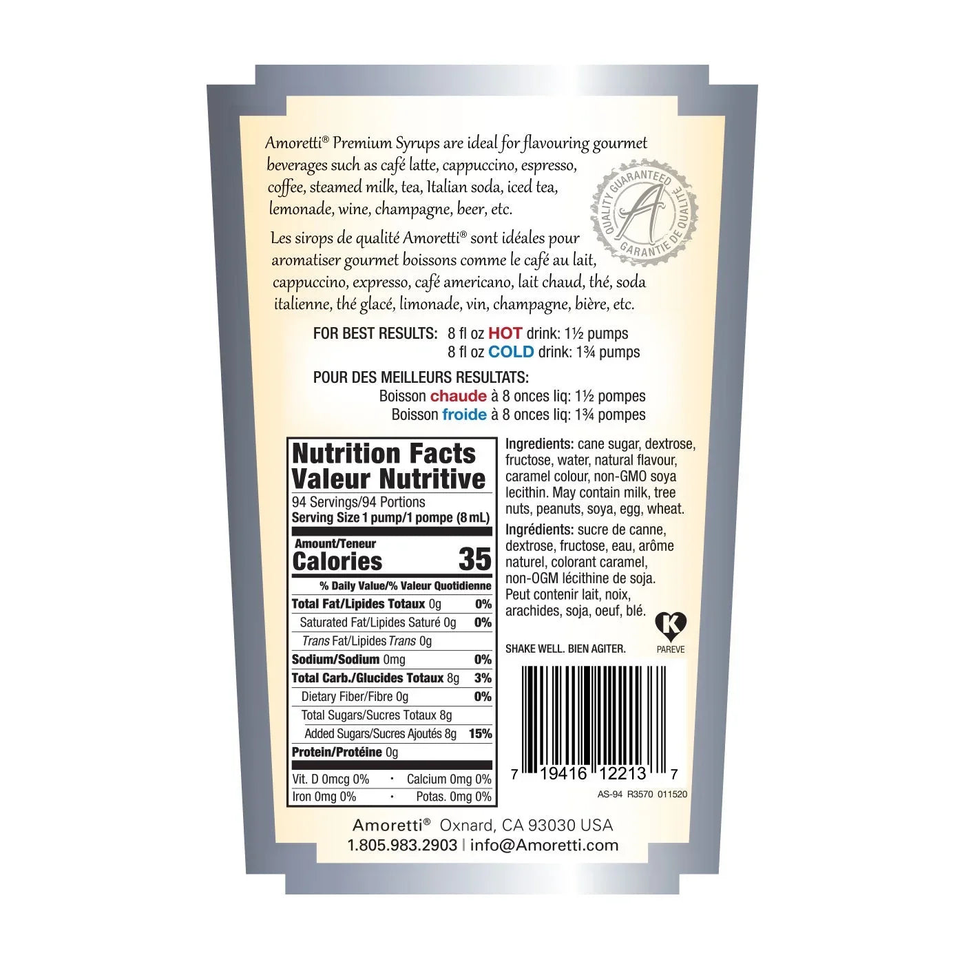 Amoretti - Premium Cinnamon Syrup with Pump for Flavoring Coffees, Cocktails, and other Beverages, 94 Servings Per Bottle (750 ml), Gluten Free, GMO/GEO Free, Preservative Free