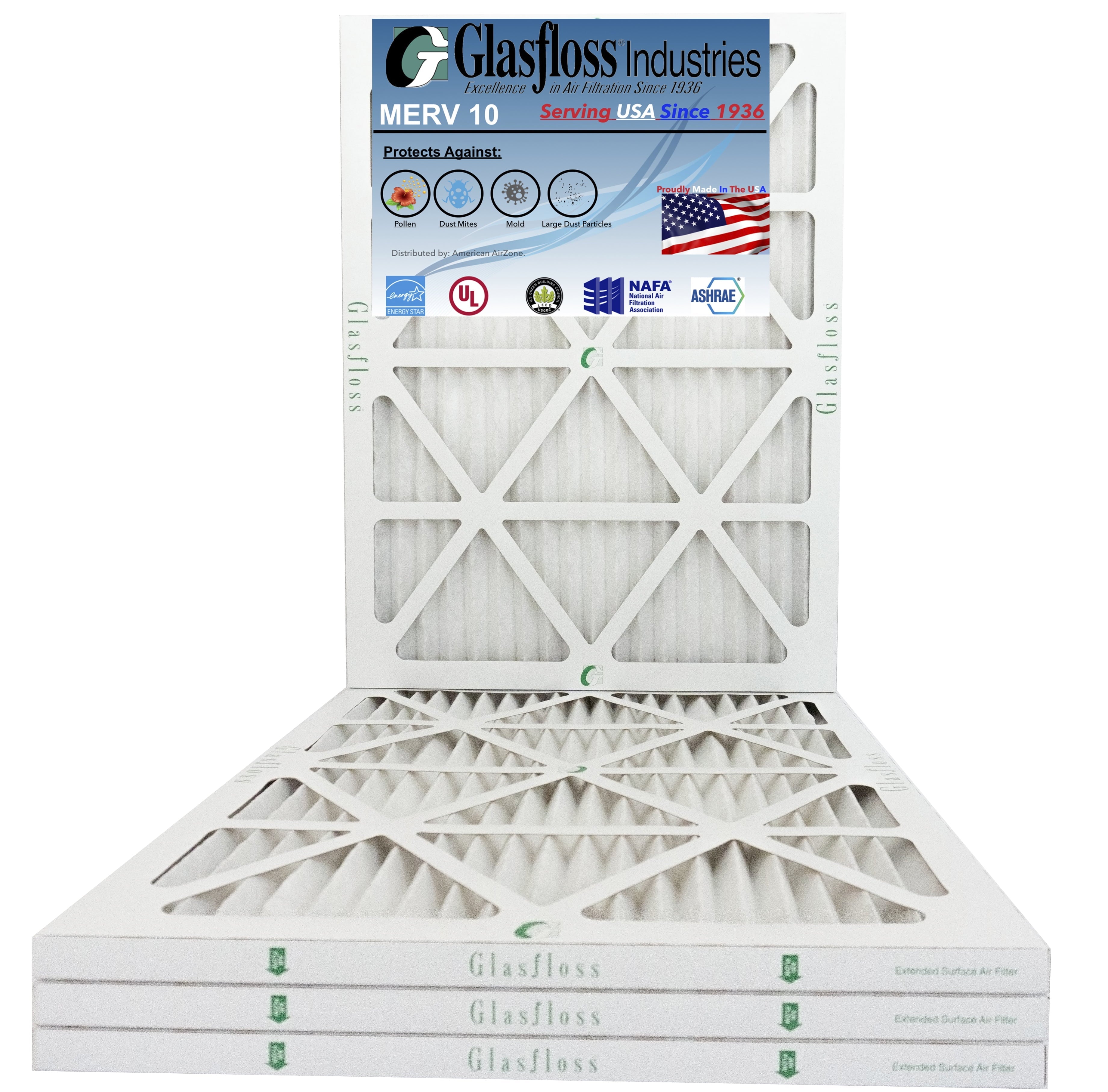 Glasfloss 22x36x1 - MERV 10 -Qty:4 - Furnace Air Filter - Made in USA (Actual Size: 21.5 x 35.5x7/8 inch)