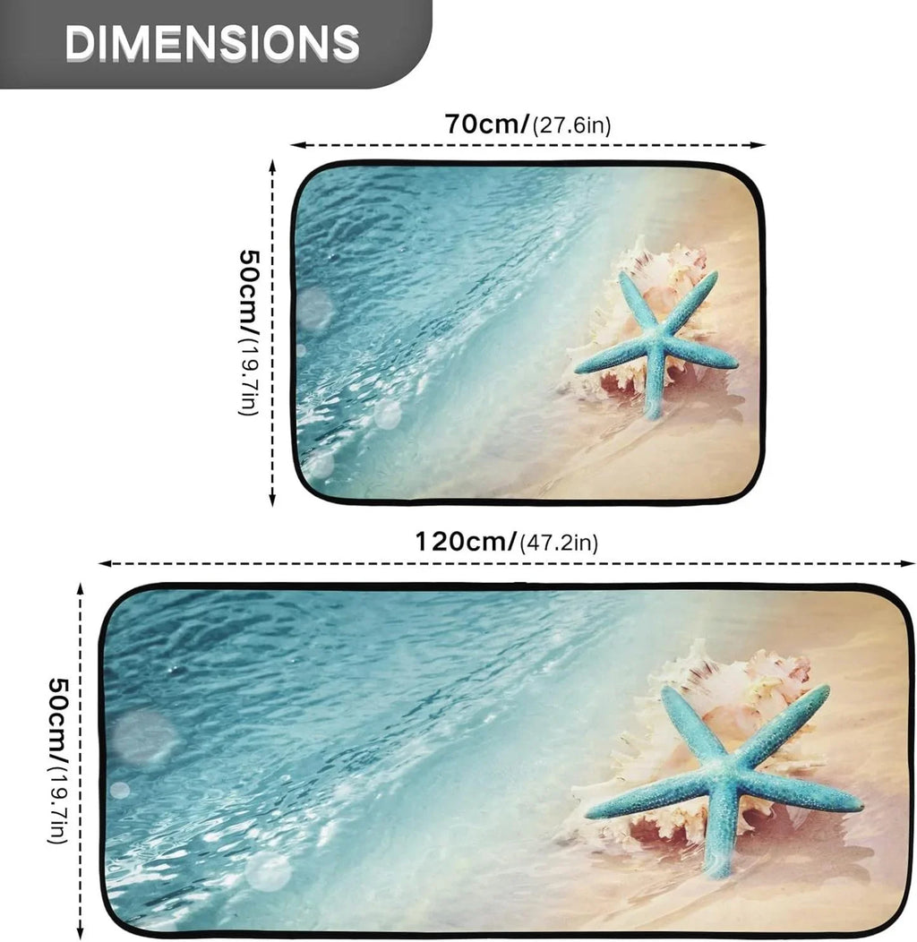 Bestwell Starfish Summer Beach Kitchen Mats and Rugs, Sea Wave Conch Floor Runner Area Rug Washable Carpet Perfect for Living Room Bedroom Entryway, 19.7"x27.6" + 19.7"x47.2"