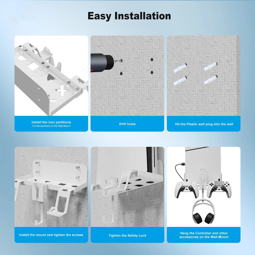 Strong Iron Wall Mount Bracket Set for PS5 Slim Space-Saving, Secure, and Convenient Storage with Dual Charging Cable