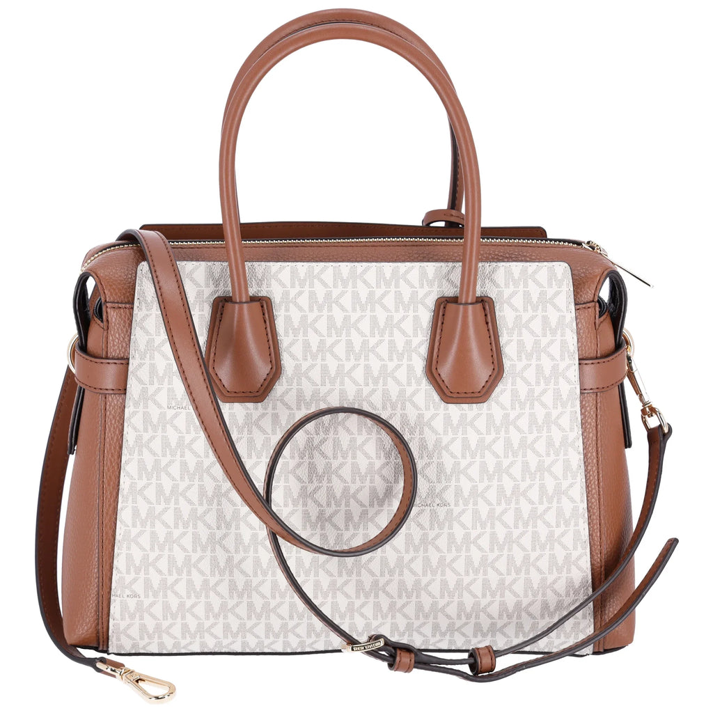 Michael Kors Womens Mercer Medium Logo and Leather Belted Satchel Vanilla 35F2GM9S8B-149