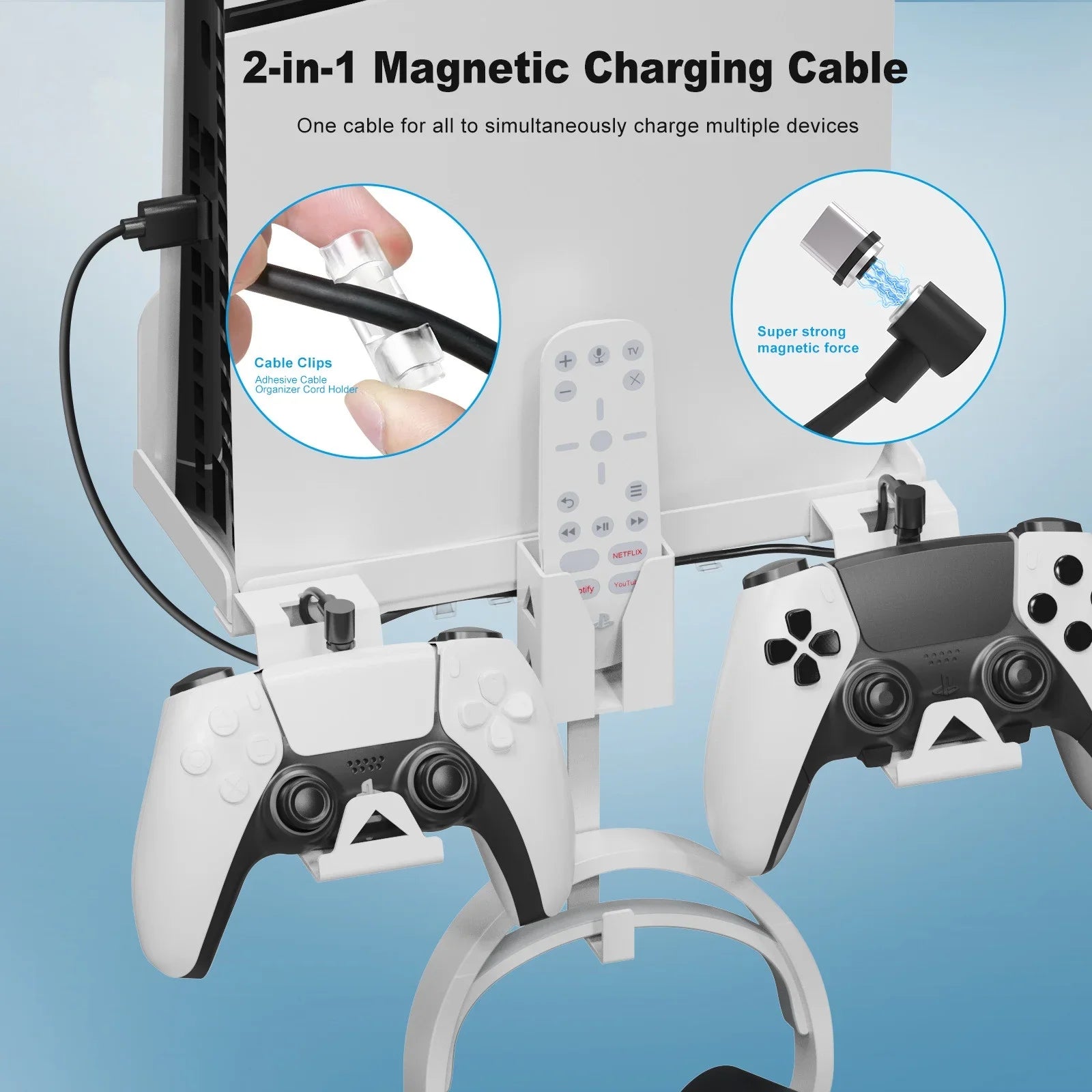 Strong Iron Wall Mount Bracket Set for PS5 Slim Space-Saving, Secure, and Convenient Storage with Dual Charging Cable