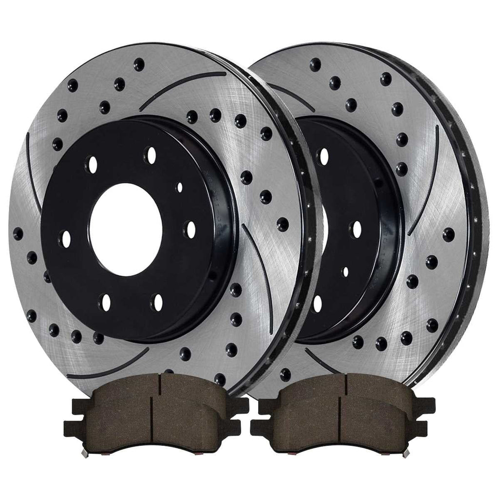AutoShack Front Drilled Slotted Brake Rotors Black and Ceramic Pads Kit Driver and Passenger Side Replacement for GMC Acadia Limited Saturn Outlook 2009-2017 Chevrolet Traverse 2008-2017 Buick Enclave