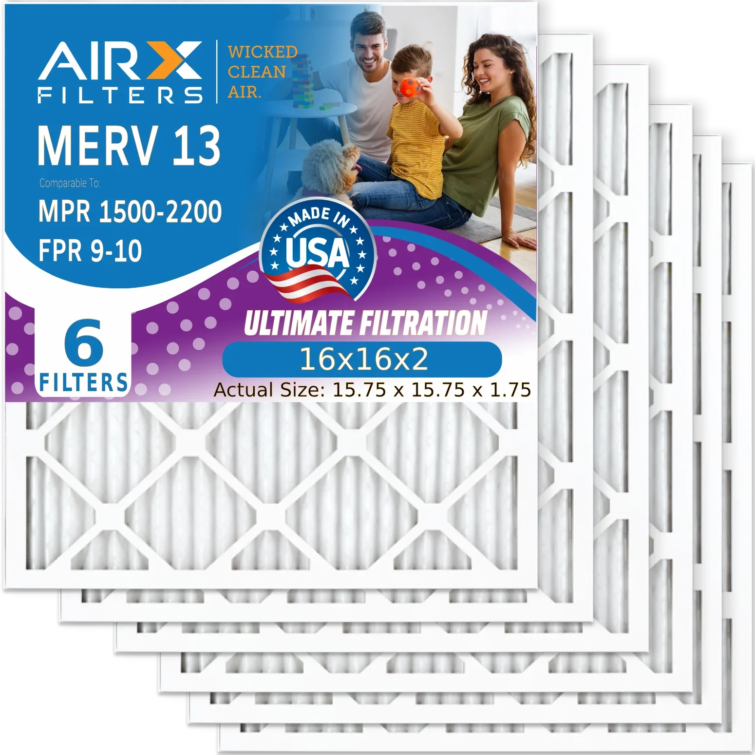 16x16x2 Air Filter MERV 13 Comparable to MPR 1500 - 2200 & FPR 9 Electrostatic Pleated Air Conditioner Filter 6 Pack HVAC AC Premium USA Made 16x16x2 Furnace Filters by AIRX FILTERS WICKED CLEAN AIR.