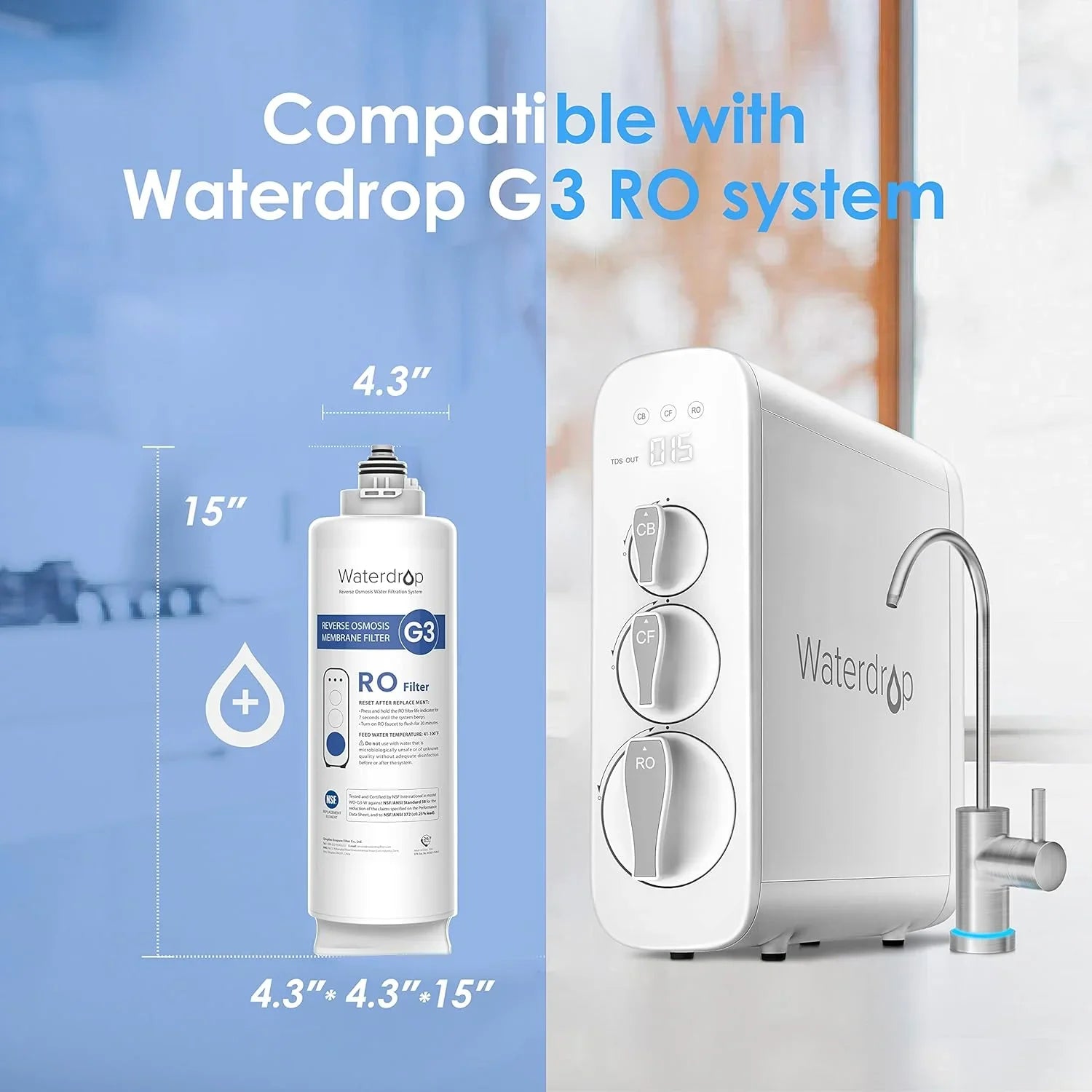 Waterdrop WD-G3-N2RO Filter, NSF Certified, Replacement for WD-G3-W Reverse Osmosis System, 2-year Lifetime