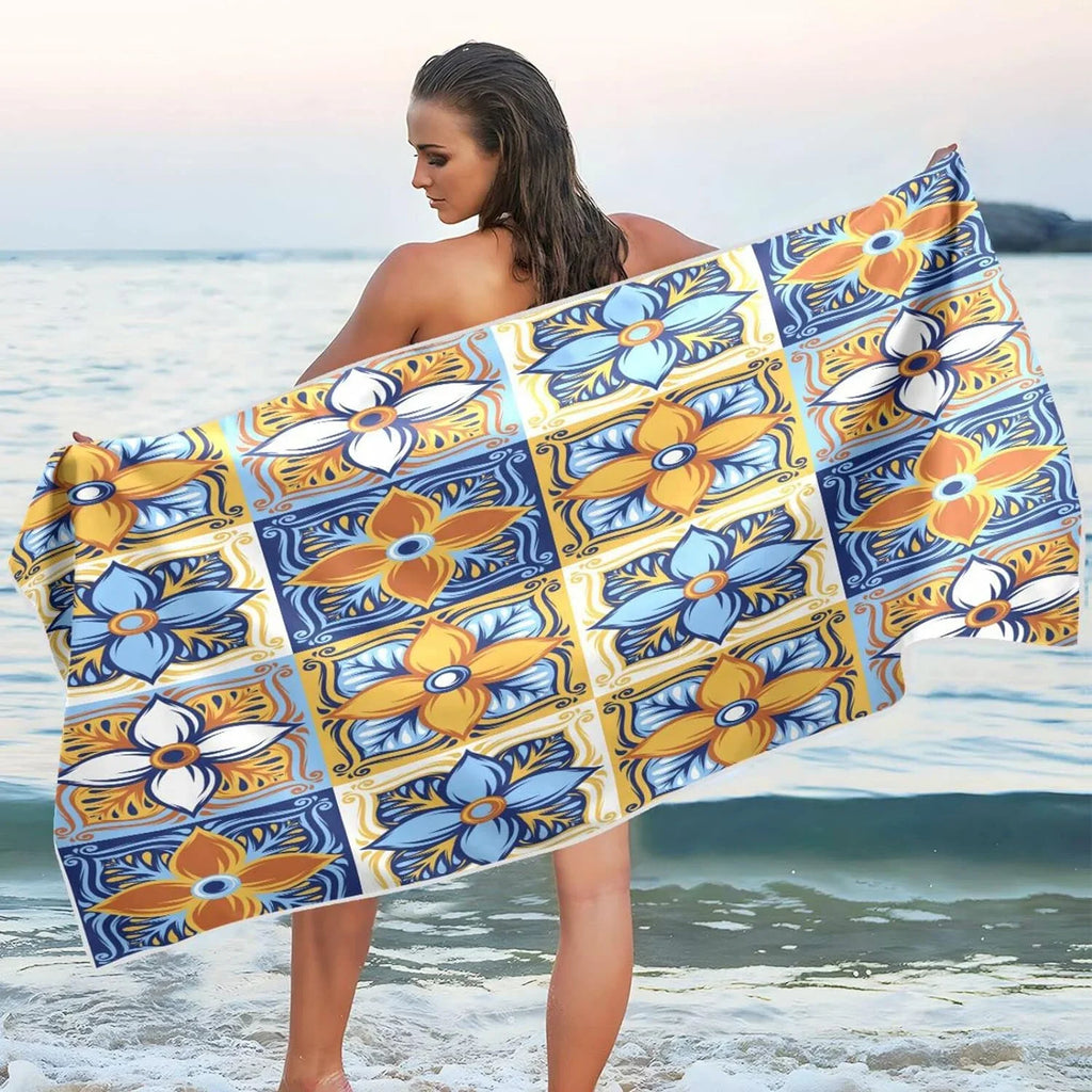 Bestwell Mexican Talavera Beach Towel Oversized Towel Blanket, Thin Lightweight Microfiber Sand Free Quick Dry Towel, 30”X60” Multipurpose Pool Bath Yoga Swim Shower Towel