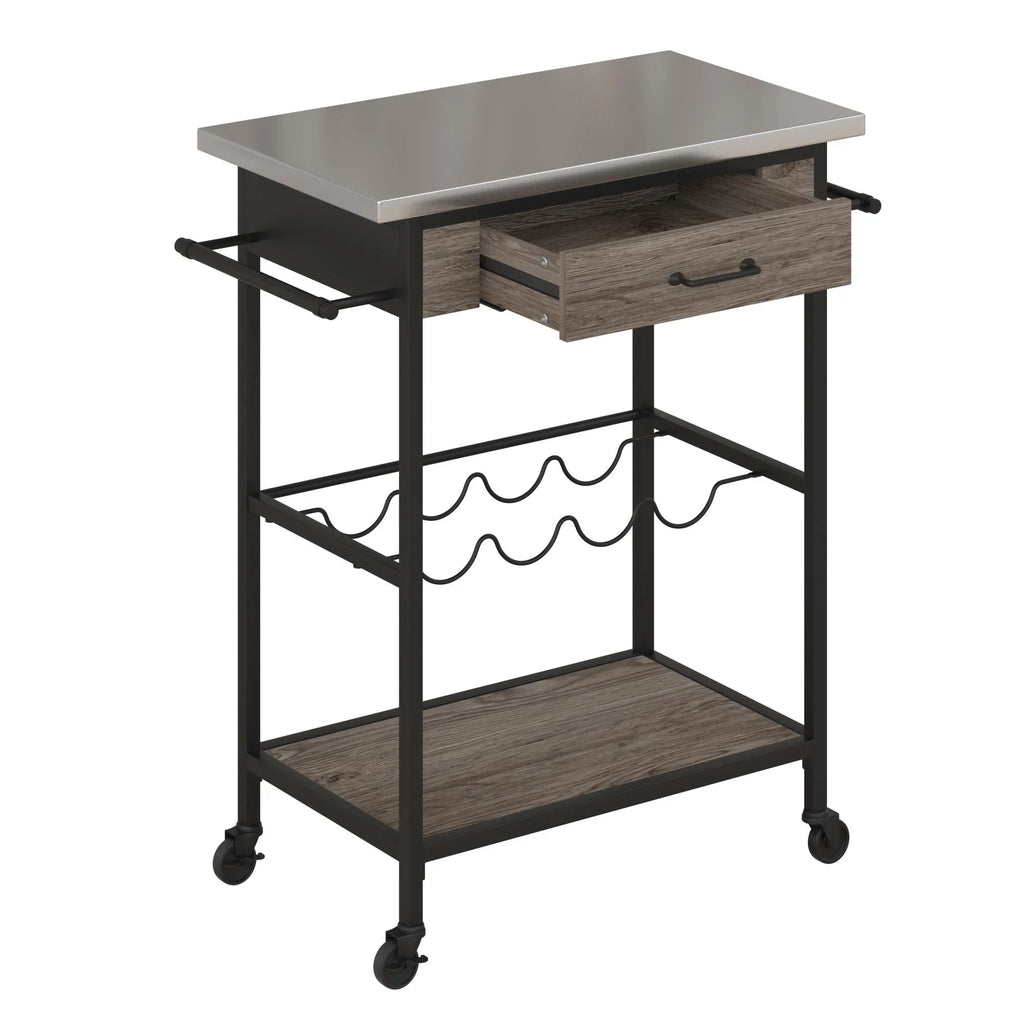 Novogratz Nora Multifunctional Kitchen Cart, Wine Rack and Pantry Storage, Stainless Steel and Black Metal, Brown