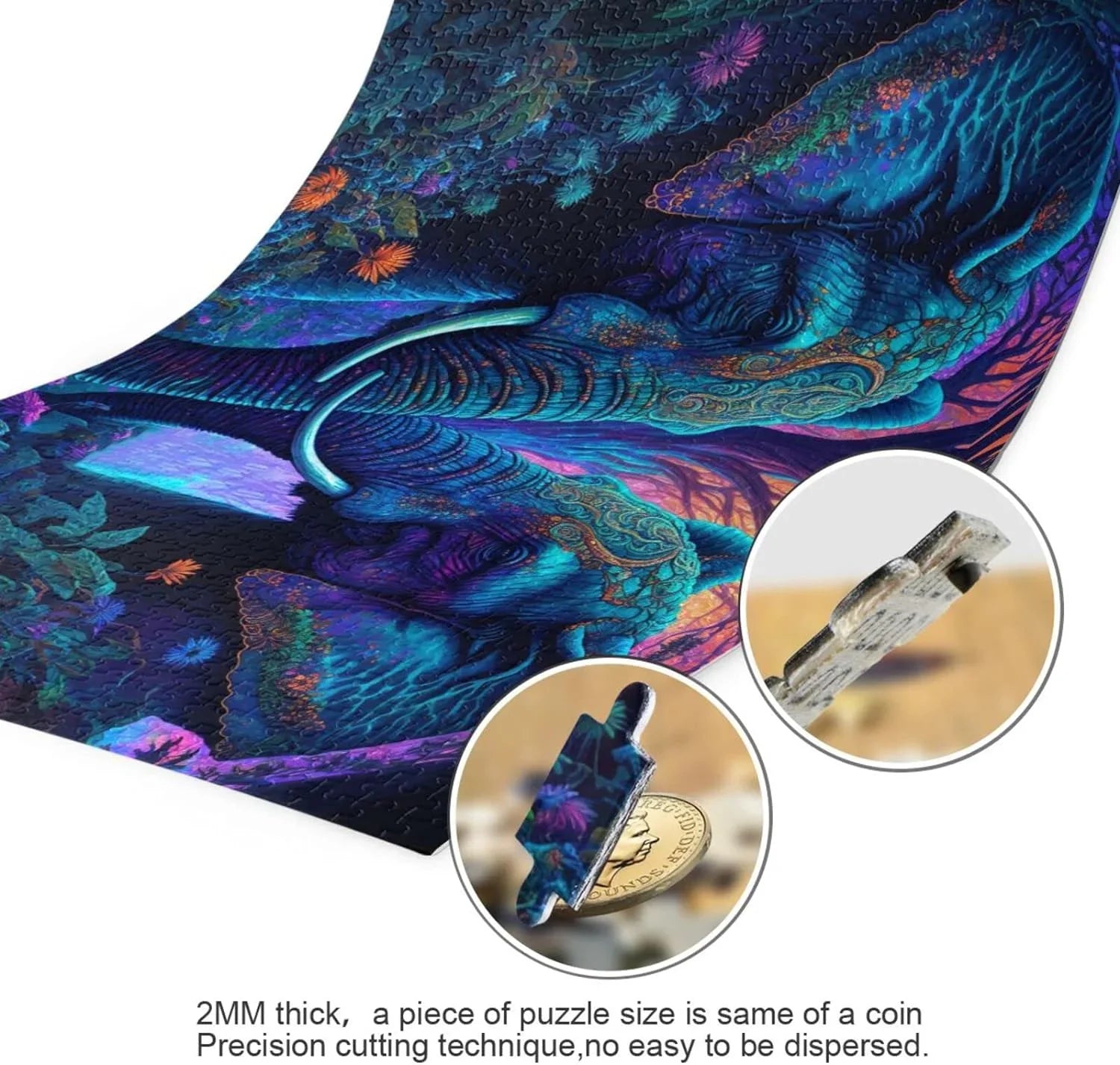 Jigsaw Puzzle (Psychedelic Elephant), Paper Wood Composite Material Zigsaw with Storage Bag and Reference Picture Easy to Solve, 1000 Pieces