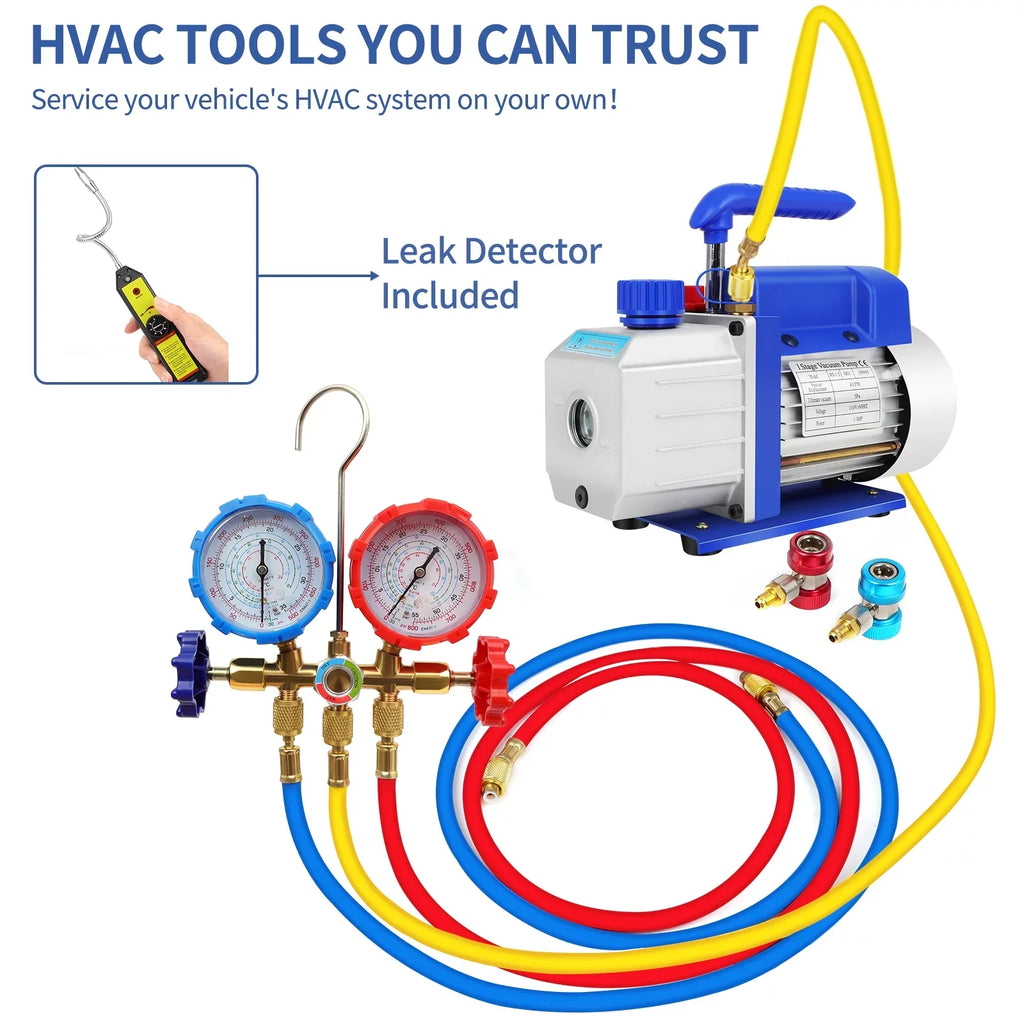 Complete Refrigerant Repair Tool Kit,1/3 HP 4CFM HVAC Vacuum Pump,R134a AC Manifold Gauge Set With Hoses and Quick Couplers,Leak Detector For Air Conditioner