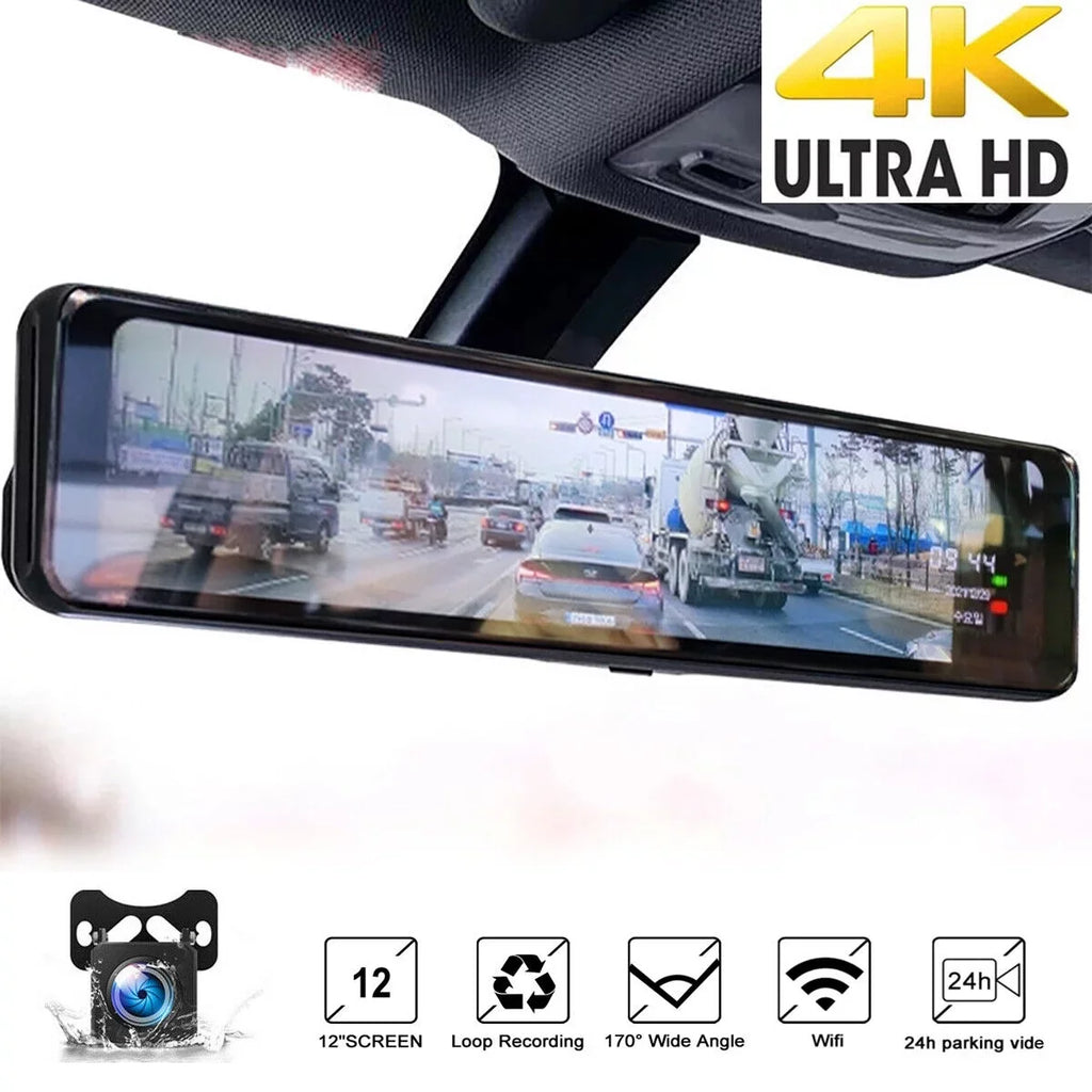 4K 12" Car Dual Dash Cam, Dual Camera Front and Rear Backup Camera Waterproof Super Night Vision, Parking Monitoring, Reversing Assistance