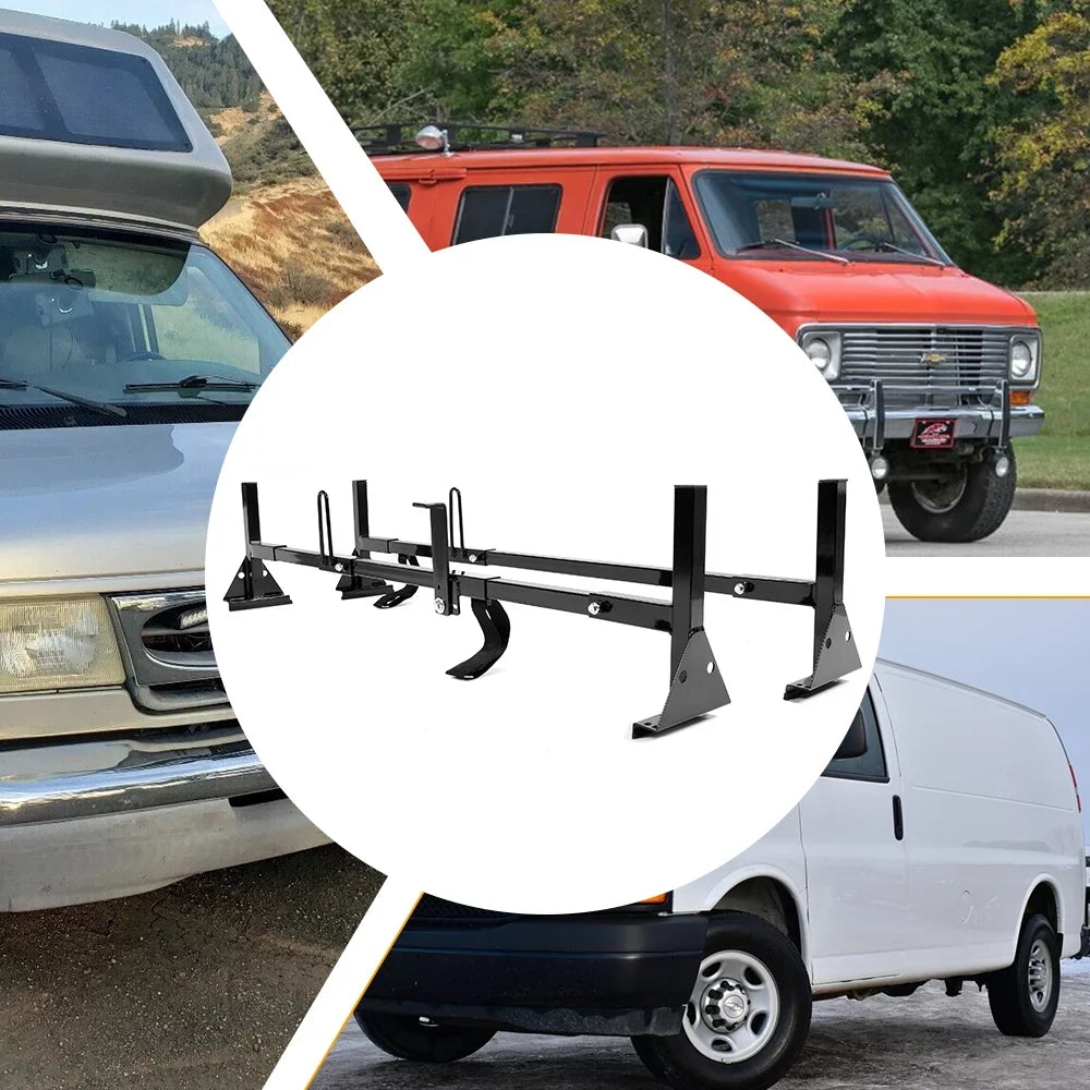 Kojem Universal 2 Bars Roof Rack Mount Full-Size Vans for Chevy Express Ford E-Series GMC Savana 68"-75" Adjustable Steel Rack Carry Ladders