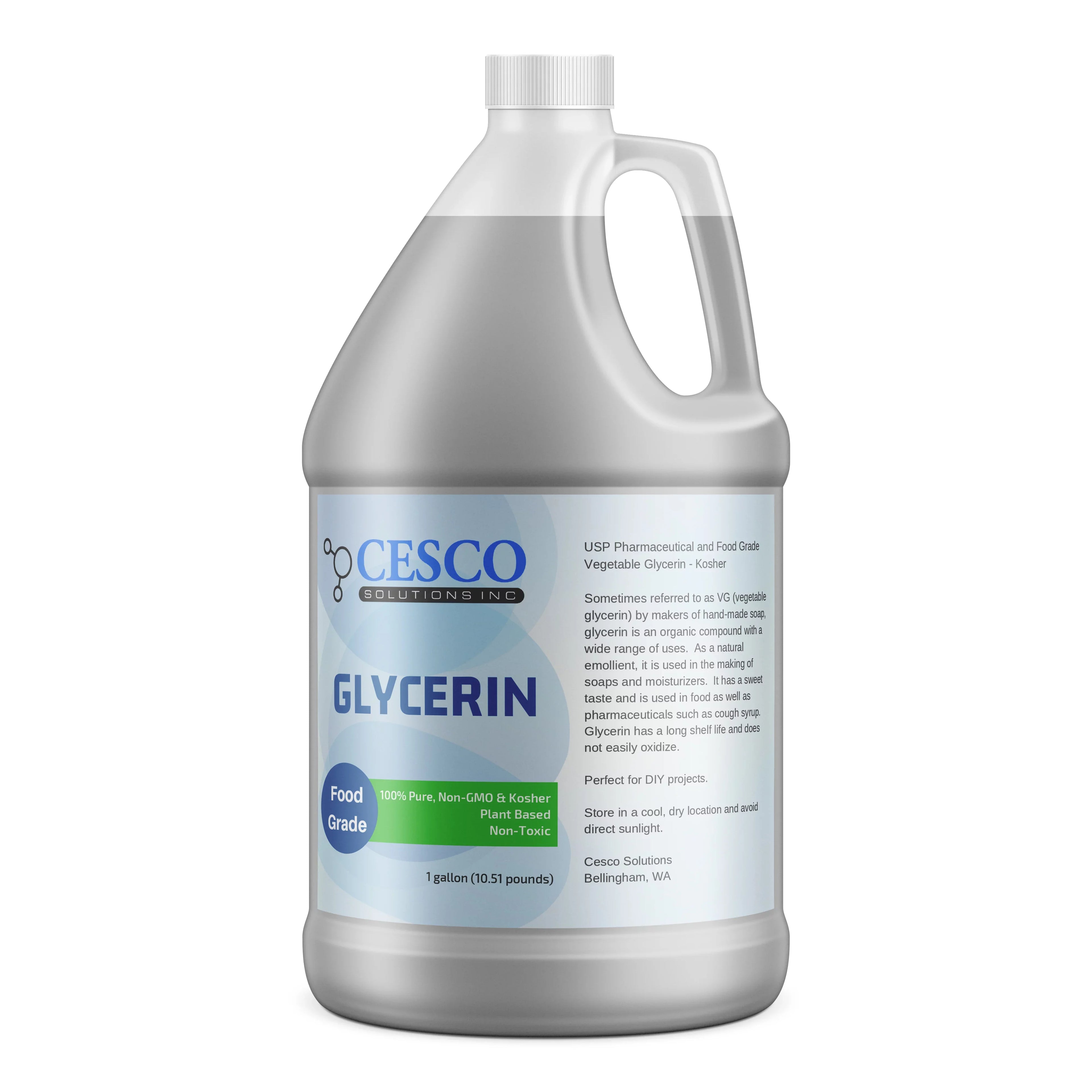 Cesco Solutions Pure Vegetable GLYCERIN - Plant-Based, Non-GMO, Non-Toxic Liquid Glycerin for DIY Soap Making - Natural Emollient Ingredient for Skin Moisturizers in Spill-Free Packaging - 1 gallon