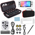 16-in-1 Accessories Kit Fit for Nintendo Switch OLED, EEEkit Accessories Bundle with Carrying Case, Protective Wrap Case, Tempered Glass Screen Protector, Thumb Grips, and More, Black