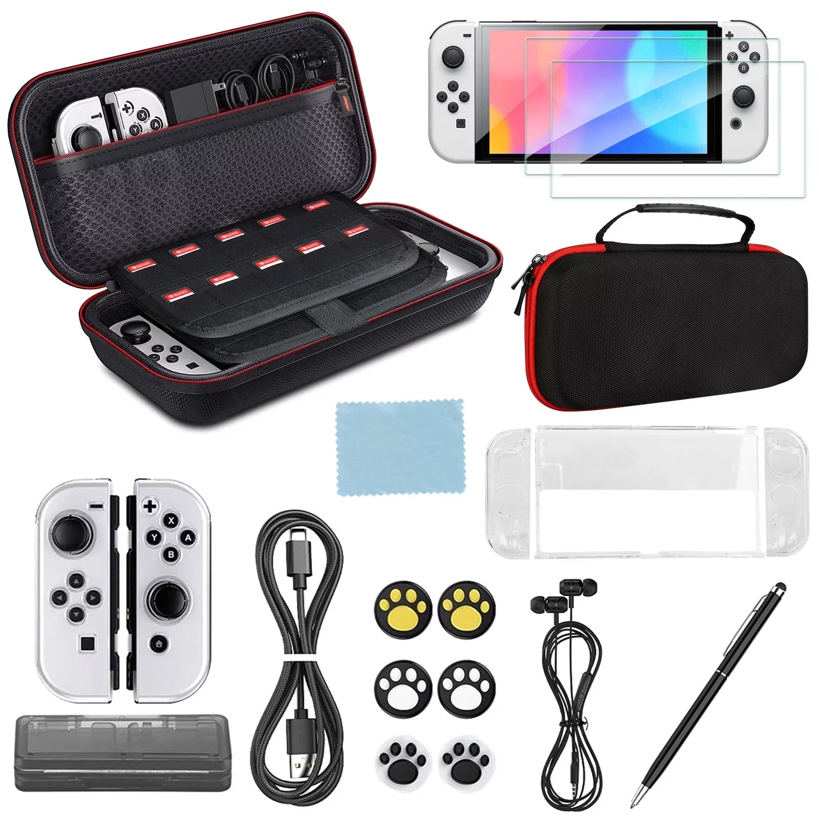16-in-1 Accessories Kit Fit for Nintendo Switch OLED, EEEkit Accessories Bundle with Carrying Case, Protective Wrap Case, Tempered Glass Screen Protector, Thumb Grips, and More, Black