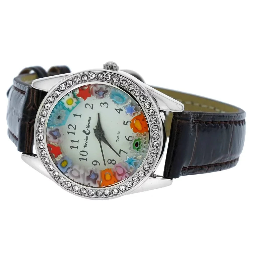 GlassOfVenice Murano Glass Watch Millefiori And Crystals With Leather Band - Brown