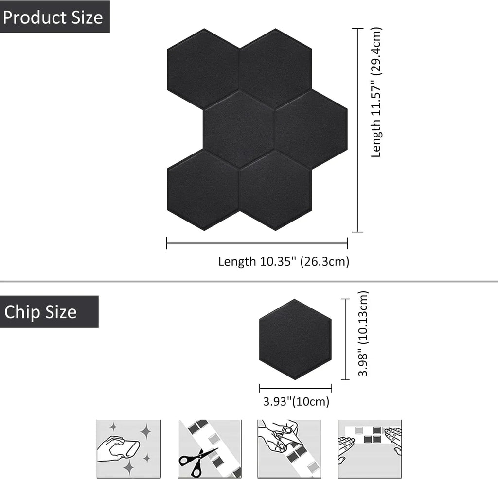 Real 3D Matte Black Self Adhesive PET Tiles Big Hexagon Peel and Stick Backsplash for Kitchen Bathroom(11.57''x10.35'',10-Sheet)