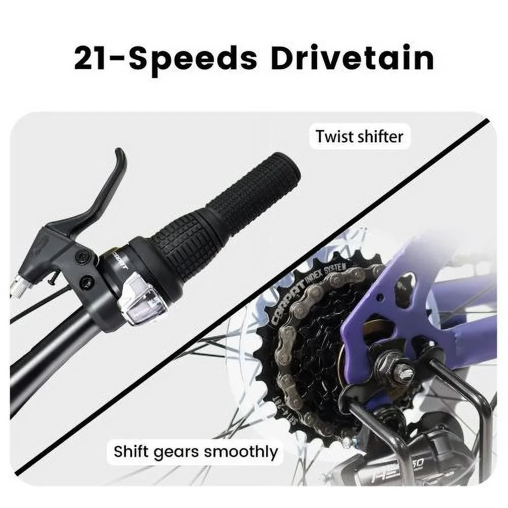 Mountain Bike 26 Inch Wheel, 21-Speed U-Brakes Twist Shifter, Carbon Steel Frame Youth Teenagers Mens Womens Trail Commuter City Snow Beach Mountain Bicycles(Blue-Purple)