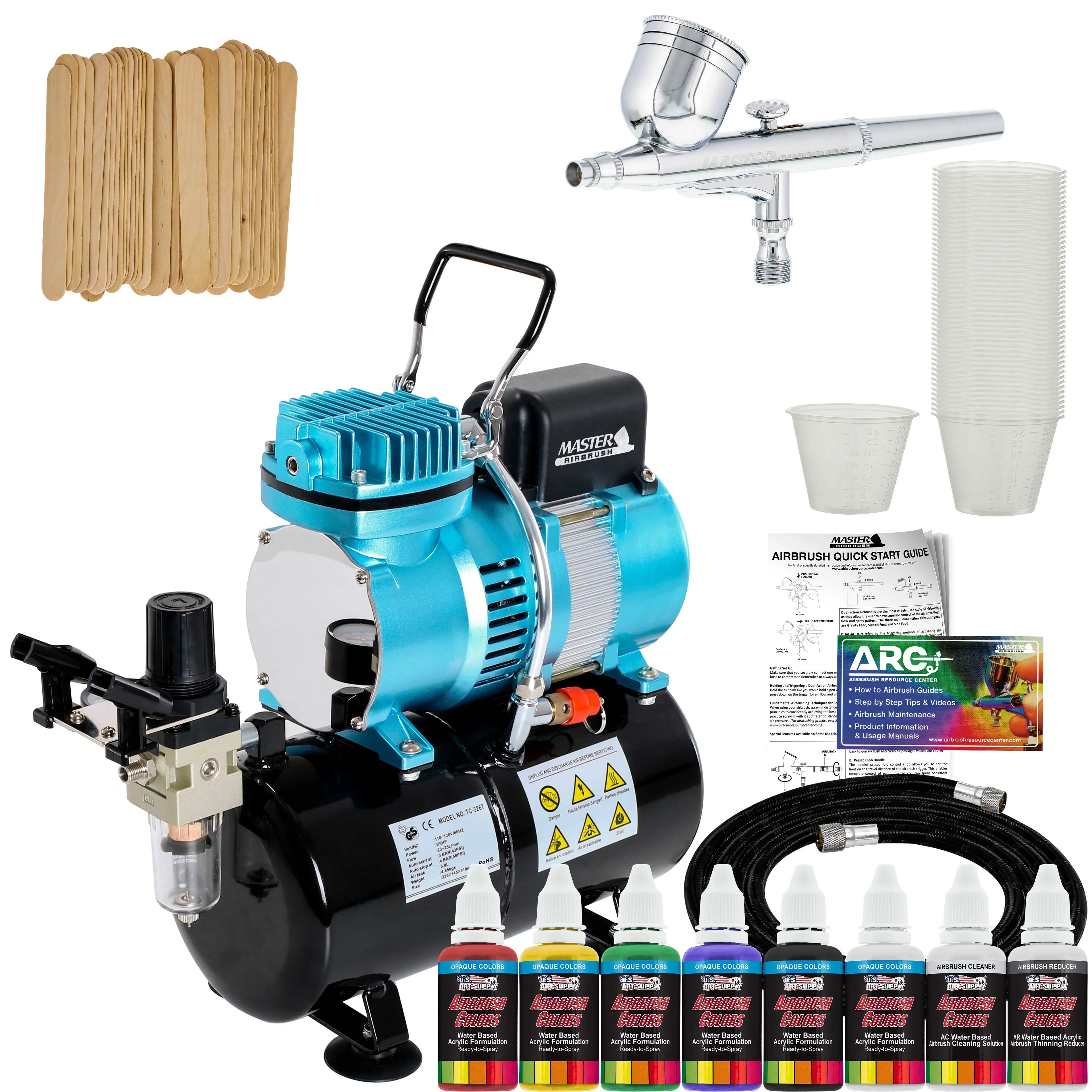 Master Airbrush Dual Fan Air Storage Tank Compressor Kit with Gravity Feed Airbrush, 6 Color Acrylic Paint Artist Set