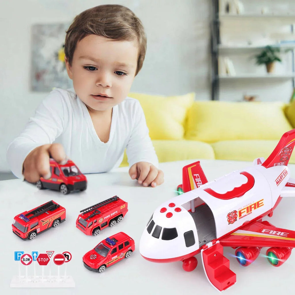 SHAN Airplane Toy Fire Truck Playset with Music and Lights, Transformable Airplane Storage Cart, 3-6 Years Old Boys and Girls Birthday Christmas Gift (Red)