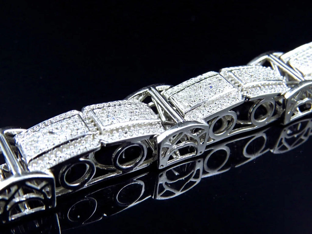 Men's 10K White Gold Genuine Diamonds 3D Pave Bar Style Bracelet 15mm 5.5Ct