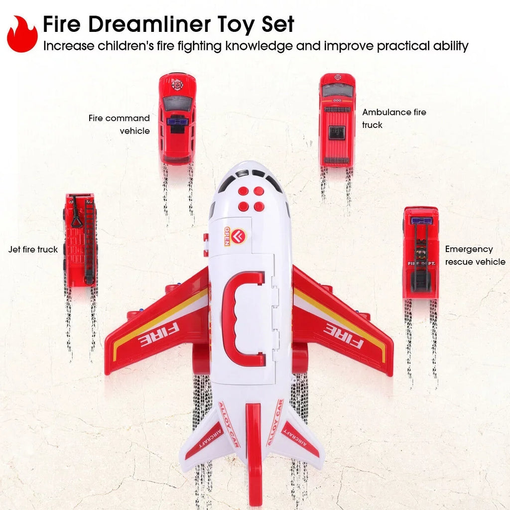 SHAN Airplane Toy Fire Truck Playset with Music and Lights, Transformable Airplane Storage Cart, 3-6 Years Old Boys and Girls Birthday Christmas Gift (Red)