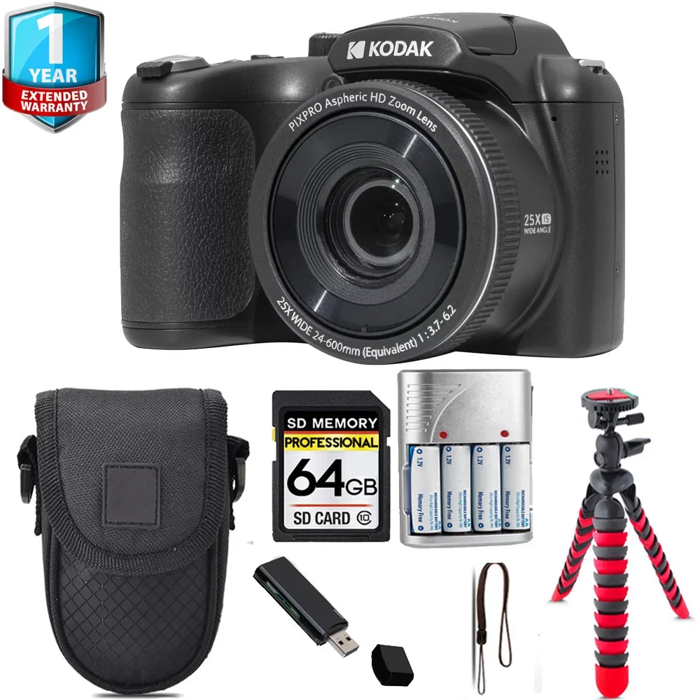 Kodak PIXPRO AZ255 Digital Camera (Black) + Tripod + 1 Yr Warranty - 64GB Kit