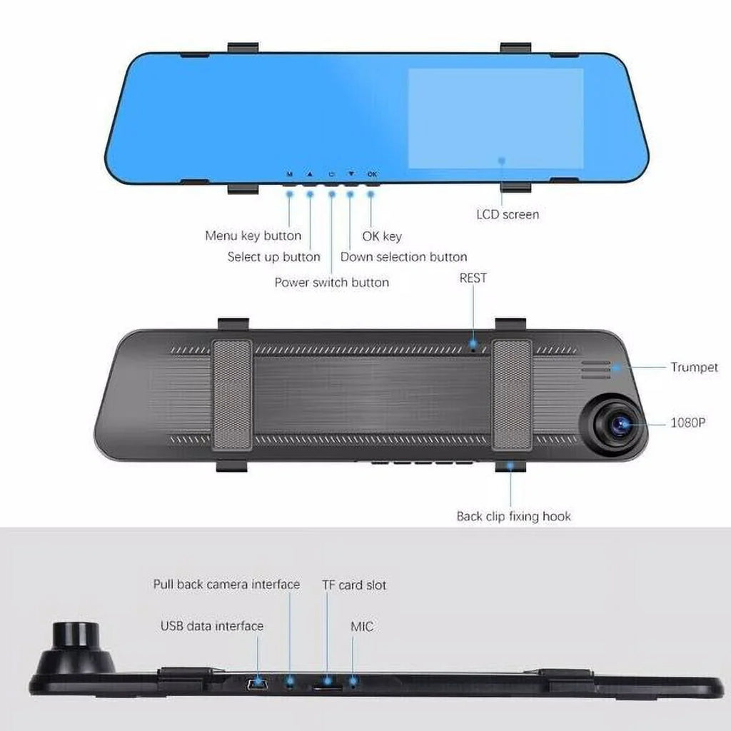 Teledu 1080P Rearview Mirror Car DVR Dual Dash Cam Camera Front Rear HD Video Recorder