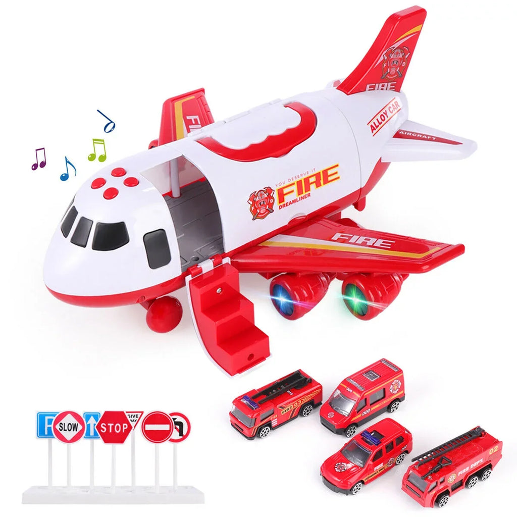 SHAN Airplane Toy Fire Truck Playset with Music and Lights, Transformable Airplane Storage Cart, 3-6 Years Old Boys and Girls Birthday Christmas Gift (Red)