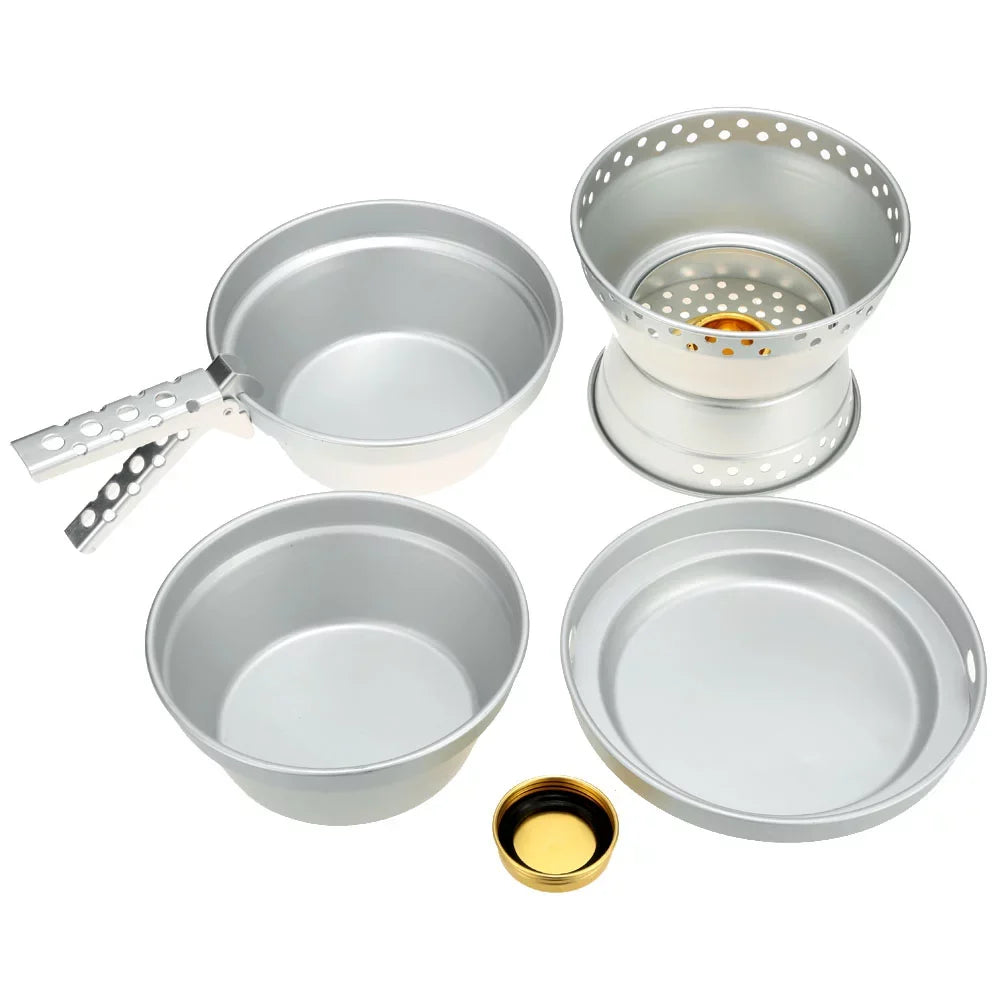 Yabuy Portable Camping Cookware Mess Kit Stove Spirit with Stand Pot Pan with Gripper Cooking Set for Backpacking Hiking Picnic BBQ
