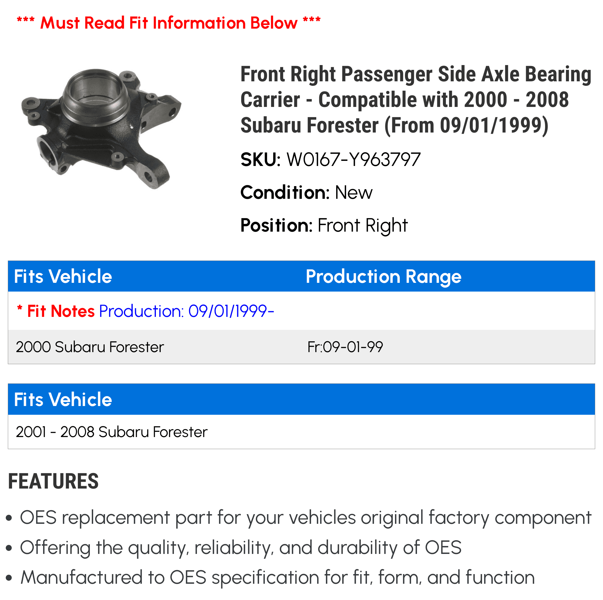 Front Right Passenger Side Axle Bearing Carrier - Suitable with 2000 - 2008 Subaru Forester (From 09/01/1999) 2001 2002 2003 2004 2005 2006 2007