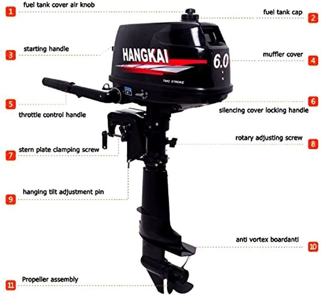 MONIPA 6 HP 2-Stroke Outboard Motor Tiller Shaft Inflatable Fishing Craft Marine Engine Water Cooling CDI System