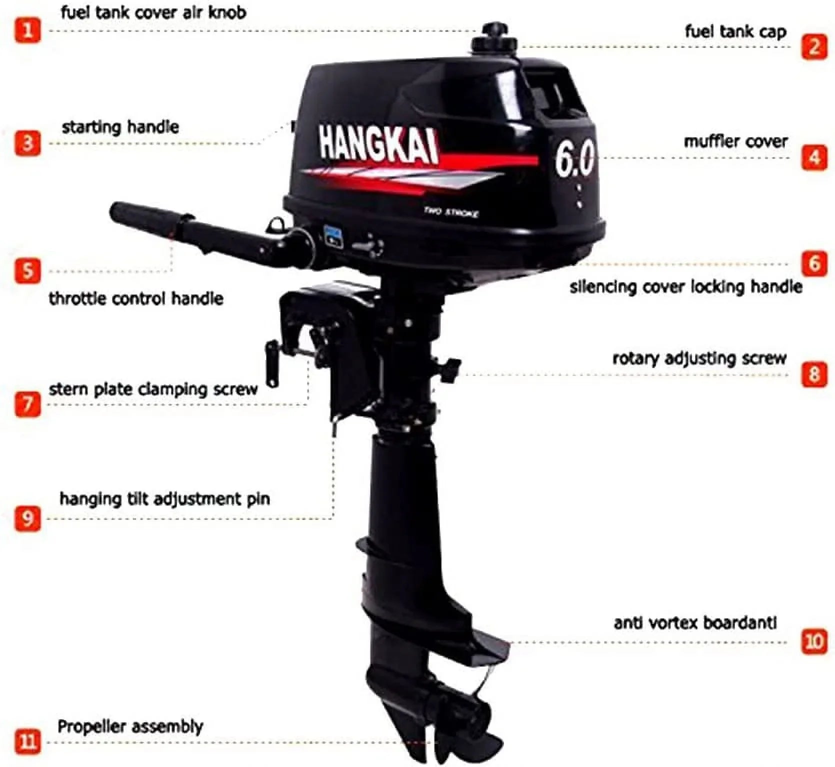 MONIPA 6 HP 2-Stroke Outboard Motor Tiller Shaft Inflatable Fishing Craft Marine Engine Water Cooling CDI System