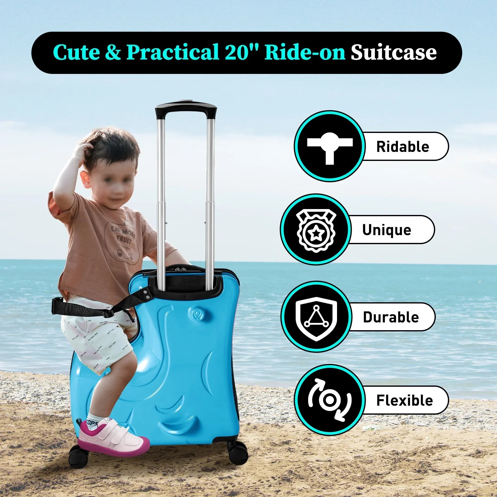 AIQIDI 20" Kids Ride On Suitcase, Portable Spinner Wheels Trolley Luggage Blue Horse Shape Kids Travel Suitcase
