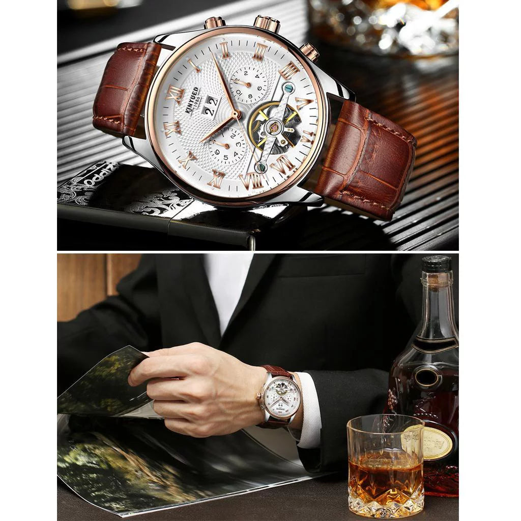 Luxury Men Chronograph Leather Strap Watch Luxury Waterproof Calendar Watch Brown