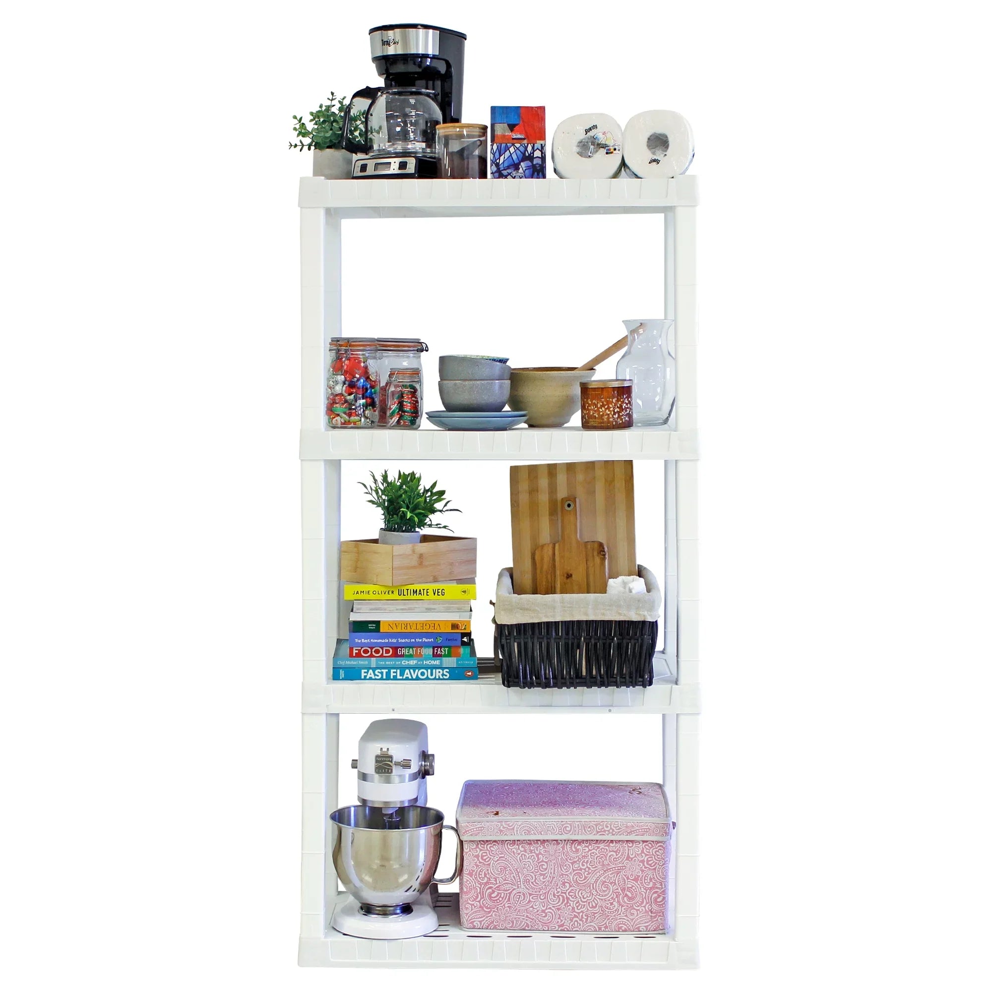 Hyper Tough 4-Tier Shelving Unit, W30 x D14 x H57" Multipurpose Home Storage Plastic Shelf Organizer, White