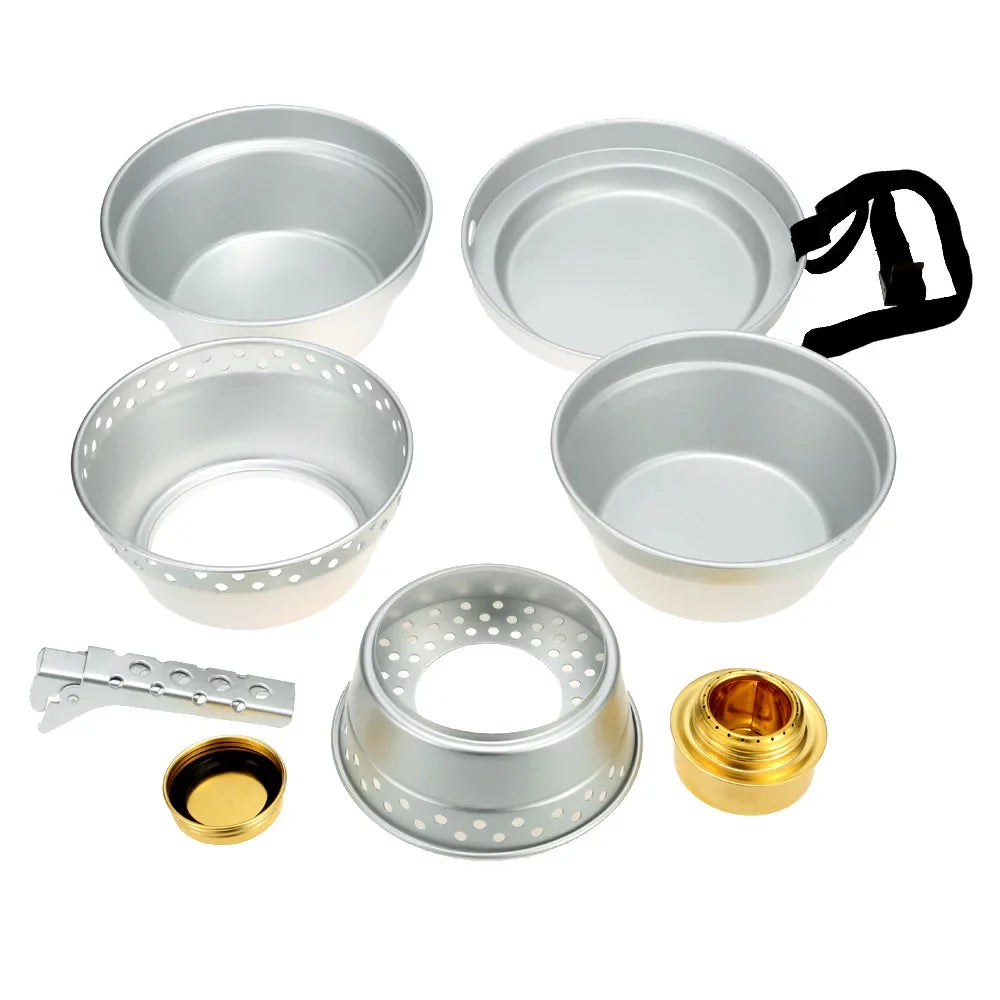 Yabuy Portable Camping Cookware Mess Kit Stove Spirit with Stand Pot Pan with Gripper Cooking Set for Backpacking Hiking Picnic BBQ