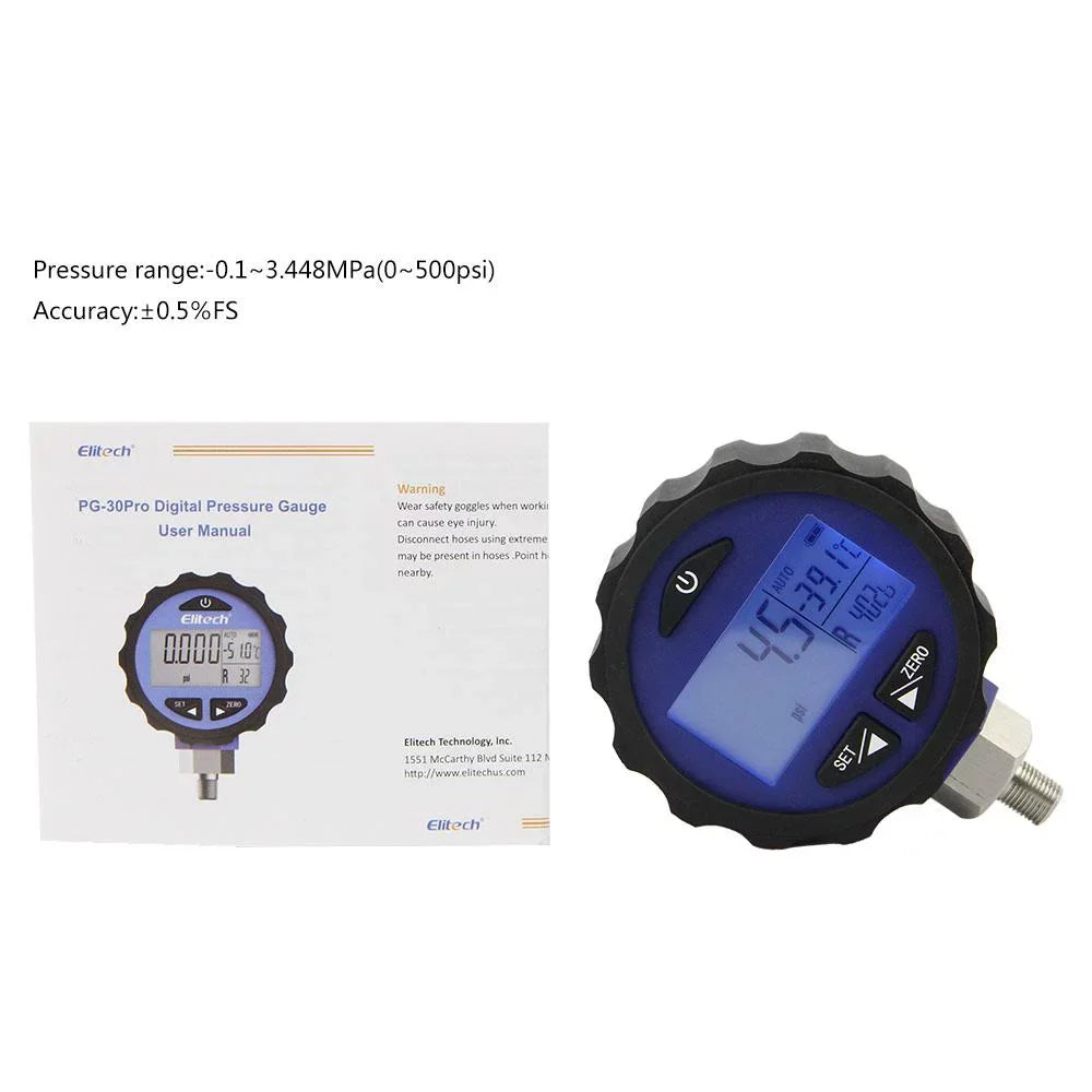 Elitech PG-30Pro Blue Digital AC Pressure Gauge -14.5~500 PSI