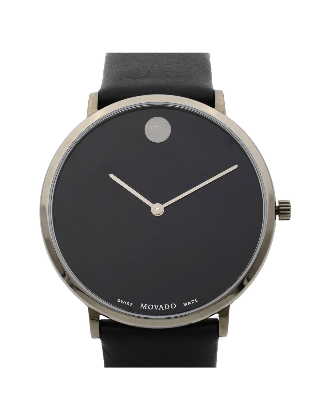 Pre-Owned Movado Modern 47 Ultra Slim Black Leather Strap Quartz Mens Watch 0607391 (Good)
