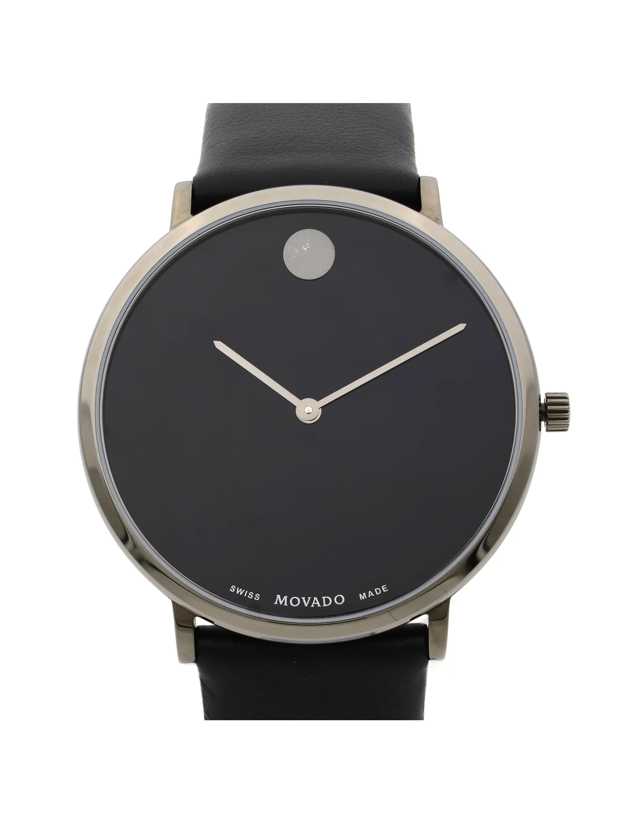 Pre-Owned Movado Modern 47 Ultra Slim Black Leather Strap Quartz Mens Watch 0607391 (Good)