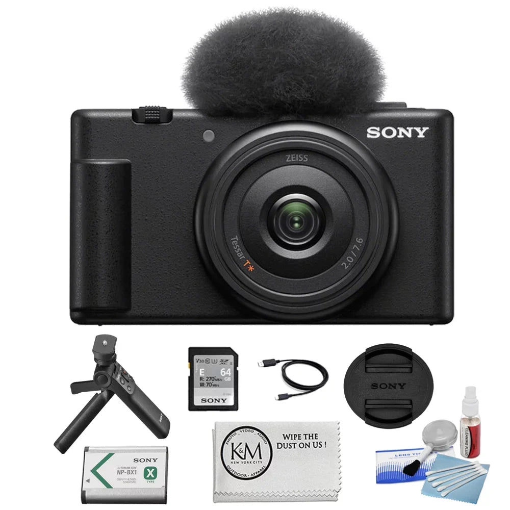 Sony ZV-1F Vlogging Camera | Black Bundle with Sony Vlogger Accessory Kit + K&M Camera Cleaning Cloth + Precision Design Camera Cleaning Kit (4 Items)