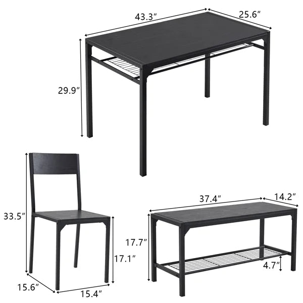 ALFRESCO Black 4-Piece Dining Table Set for 4 - Includes 2 Chairs, 1 Bench, Perfect for Small Spaces